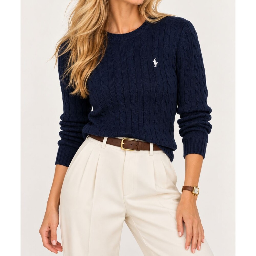 Ralph Lauren Navy Blue Cotton Cable Knit Sweater Medium Classic Preppy Heritage